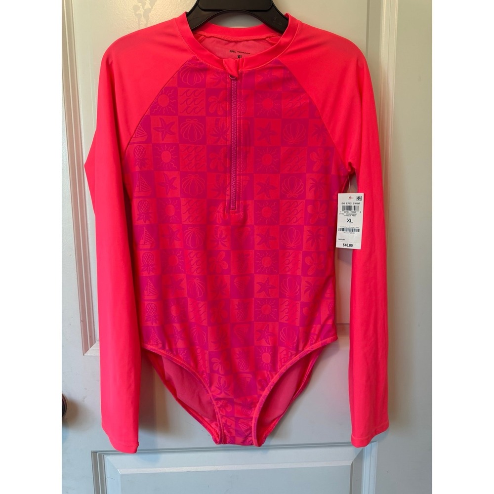 Girls one piece swimsuit long sleeve rash guard pink size XL 12-14 beach preppy